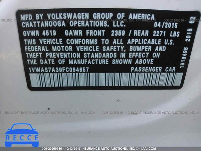 2015 Volkswagen Passat 1VWAS7A39FC094657 image 8