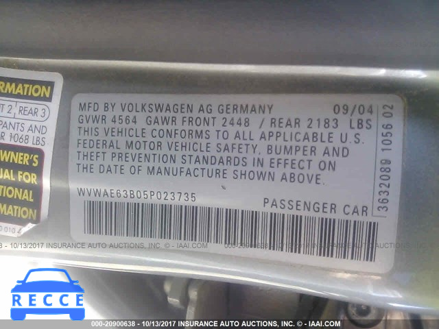 2005 VOLKSWAGEN PASSAT WVWAE63B05P023735 image 8