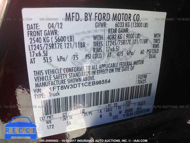 2012 Ford F350 SUPER DUTY 1FT8W3DT1CEB98554 зображення 8