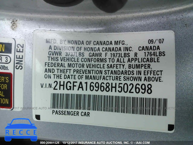 2008 Honda Civic 2HGFA16968H502698 Bild 8