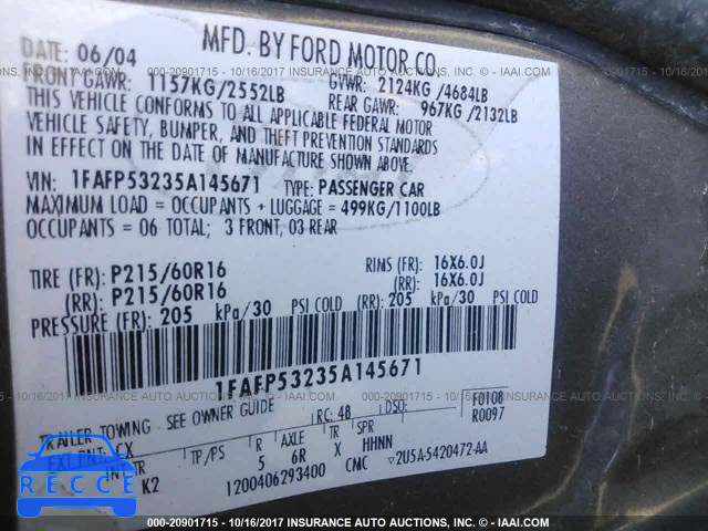 2005 FORD TAURUS 1FAFP53235A145671 image 8