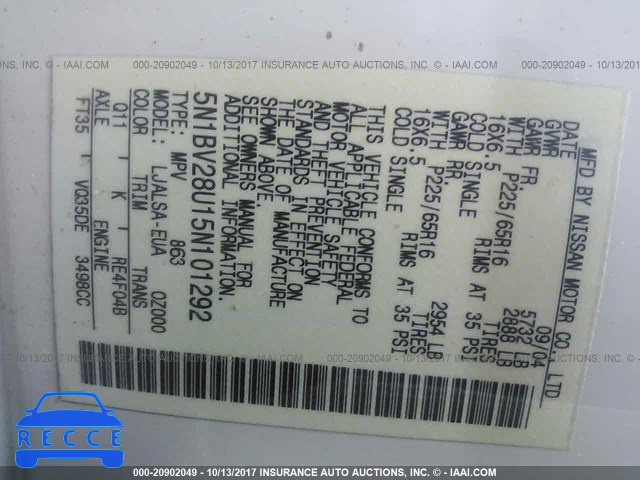 2005 Nissan Quest S/SE/SL 5N1BV28U15N101292 image 8