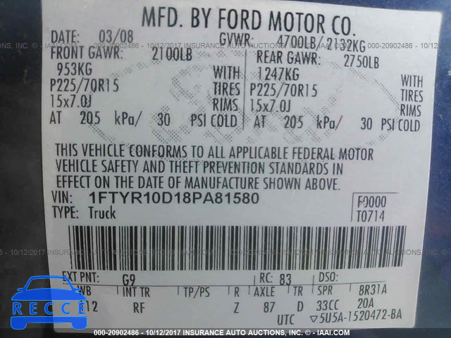 2008 Ford Ranger 1FTYR10D18PA81580 image 8