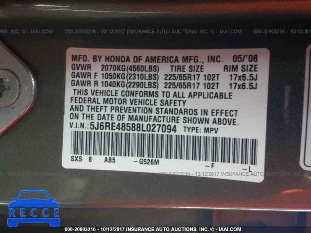 2008 Honda CR-V 5J6RE48588L027094 Bild 8