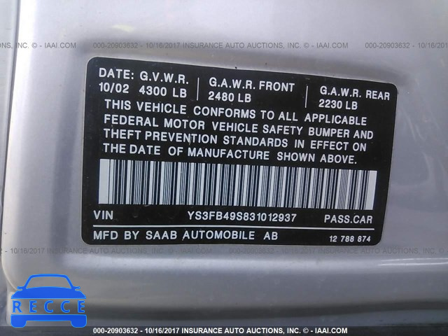 2003 Saab 9-3 LINEAR YS3FB49S831012937 image 8