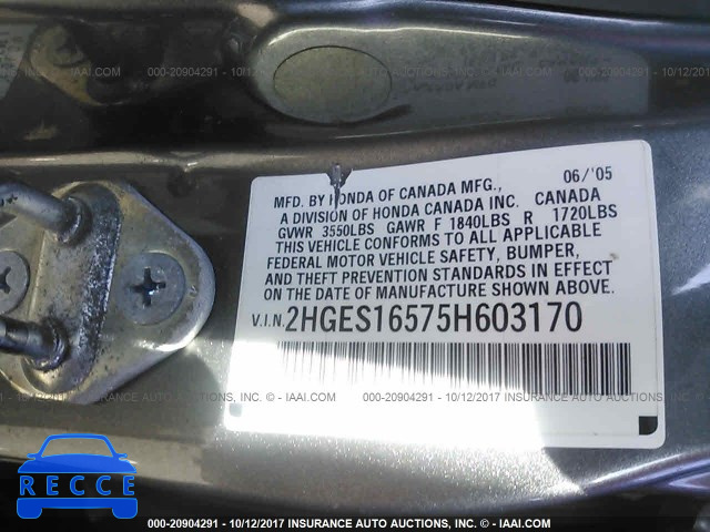 2005 Honda Civic 2HGES16575H603170 image 8