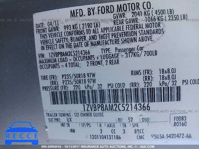 2012 Ford Mustang 1ZVBP8AM2C5214366 зображення 8