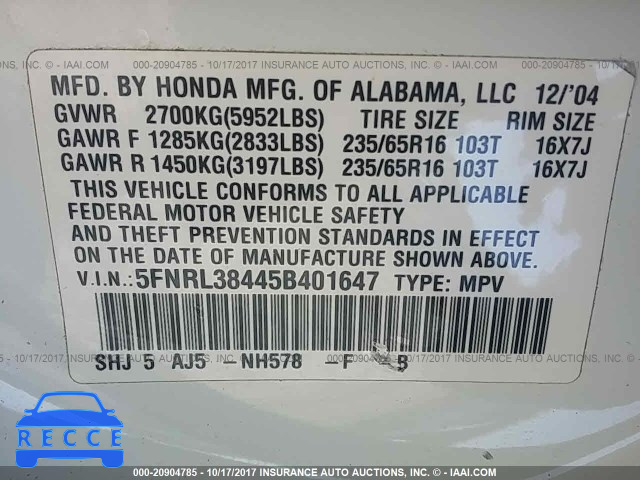 2005 Honda Odyssey 5FNRL38445B401647 image 8