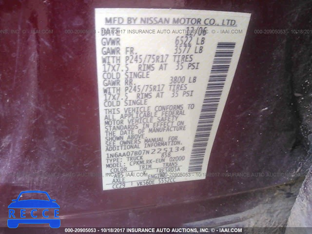 2007 Nissan Titan XE/SE/LE 1N6AA07B07N225134 image 8