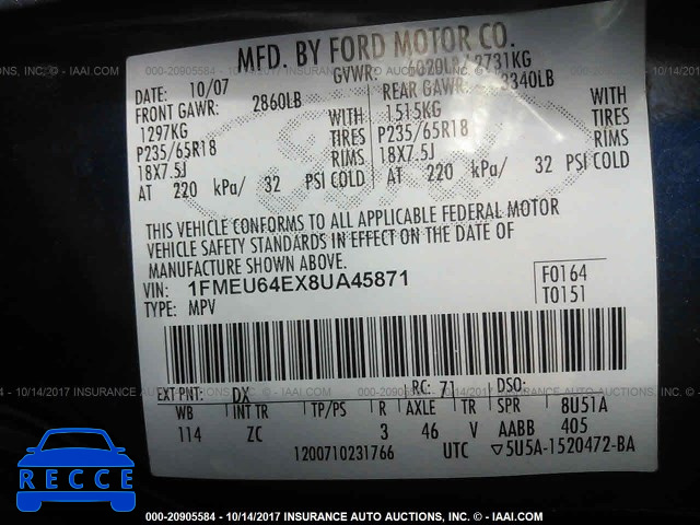 2008 Ford Explorer EDDIE BAUER 1FMEU64EX8UA45871 Bild 8