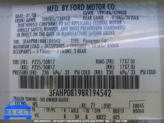 2008 Ford Fusion 3FAHP08198R194542 зображення 8