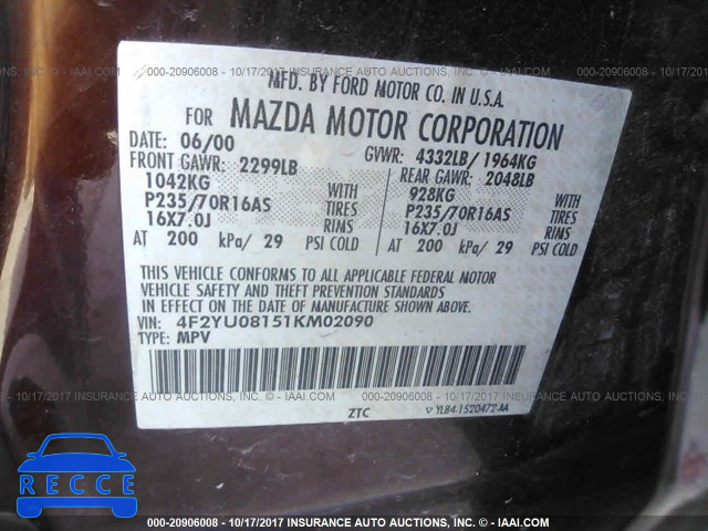 2001 Mazda Tribute 4F2YU08151KM02090 image 8