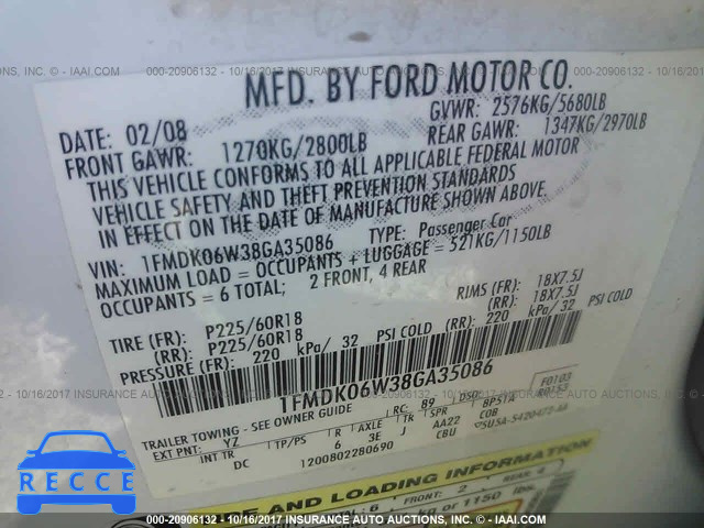 2008 Ford Taurus X LIMITED 1FMDK06W38GA35086 зображення 8