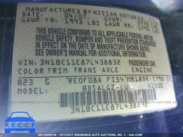 2007 NISSAN VERSA 3N1BC11E87L438832 image 8