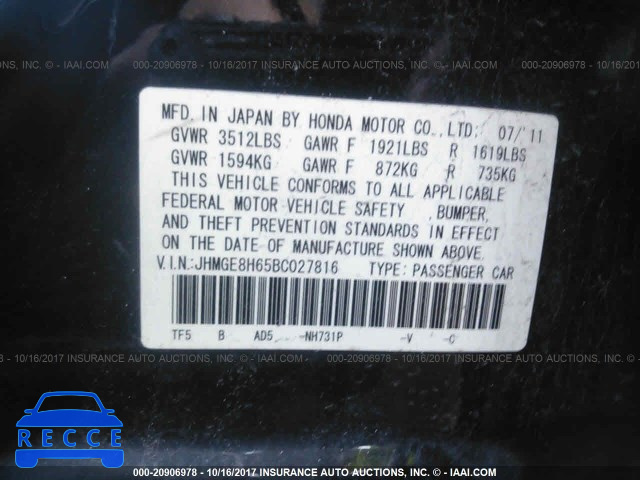 2011 Honda FIT SPORT JHMGE8H65BC027816 image 8