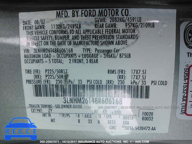 2008 Lincoln MKZ 3LNHM26T48R606168 Bild 8