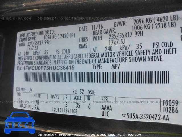 2017 FORD ESCAPE 1FMCU0F73HUC38415 image 8