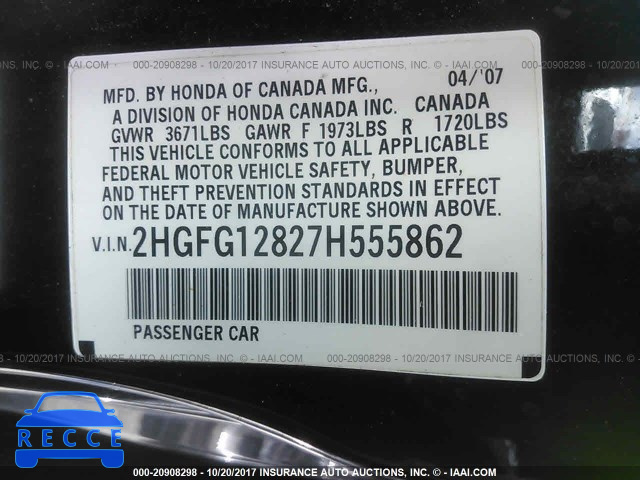 2007 Honda Civic 2HGFG12827H555862 зображення 8