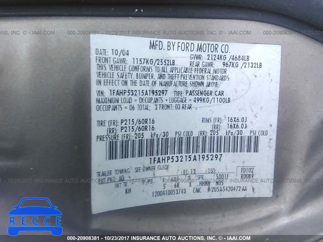 2005 Ford Taurus 1FAHP53215A195297 зображення 8