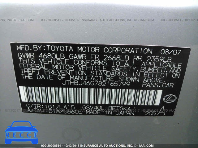 2008 Lexus ES JTHBJ46G782165799 зображення 8