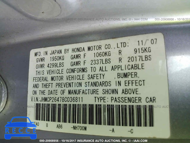 2008 Honda Accord JHMCP26478C036811 image 8