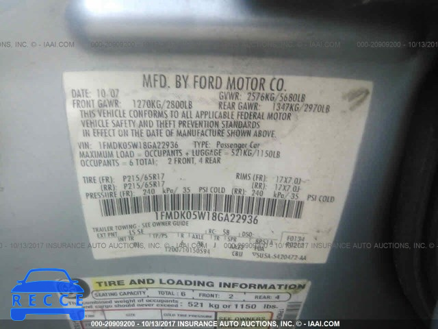 2008 Ford Taurus X SEL 1FMDK05W18GA22936 image 8