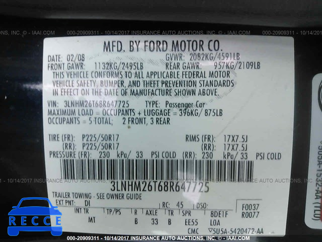 2008 Lincoln MKZ 3LNHM26T68R647725 image 8