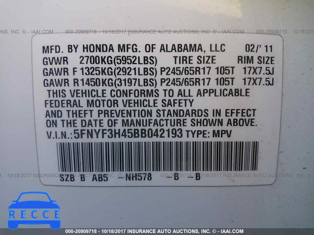 2011 Honda Pilot EX 5FNYF3H45BB042193 image 8