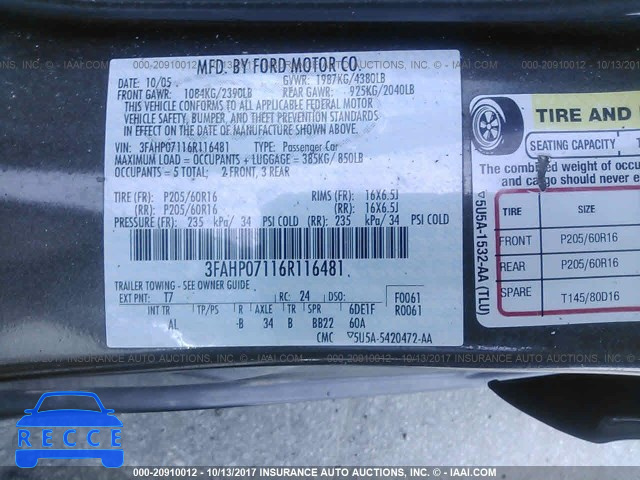 2006 Ford Fusion 3FAHP07116R116481 image 8