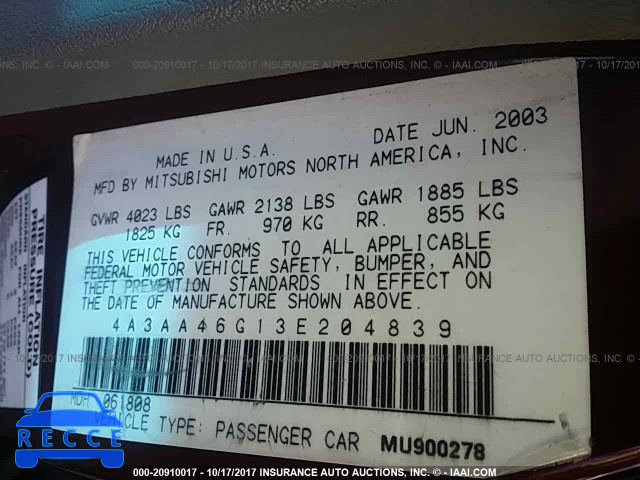 2003 Mitsubishi Galant 4A3AA46G13E204839 image 8