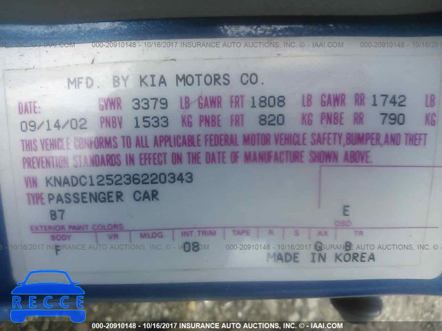 2003 KIA RIO KNADC125236220343 image 8