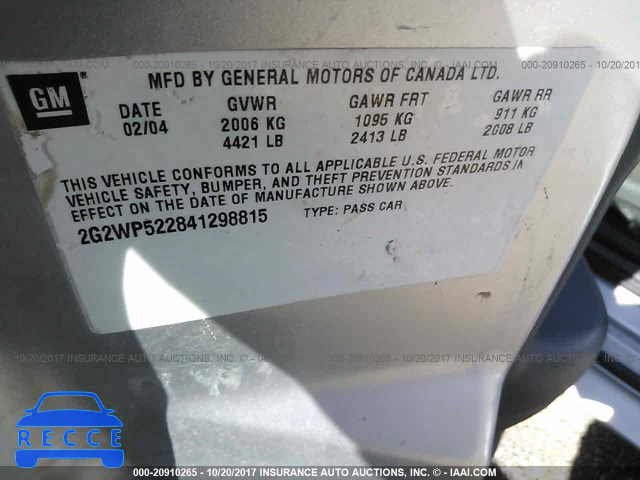 2004 Pontiac Grand Prix 2G2WP522841298815 зображення 8