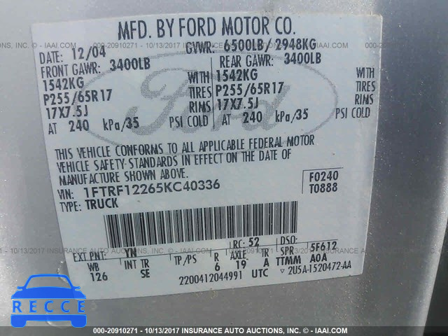 2005 Ford F150 1FTRF12265KC40336 зображення 8