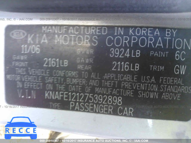 2007 KIA Spectra KNAFE121275392898 image 8