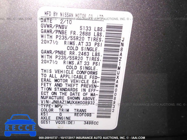 2010 Nissan Murano JN8AZ1MUXAW008932 image 8
