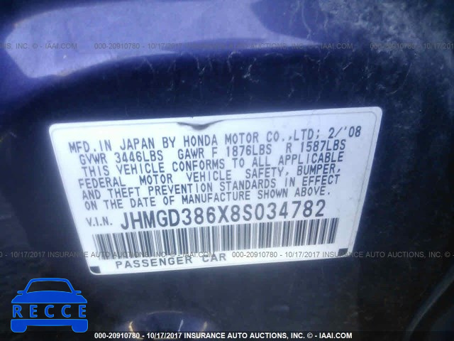 2008 Honda FIT JHMGD386X8S034782 image 8