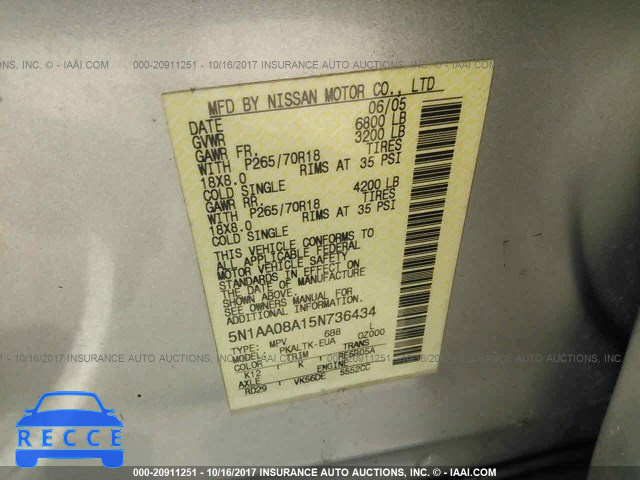 2005 Nissan Armada 5N1AA08A15N736434 image 8