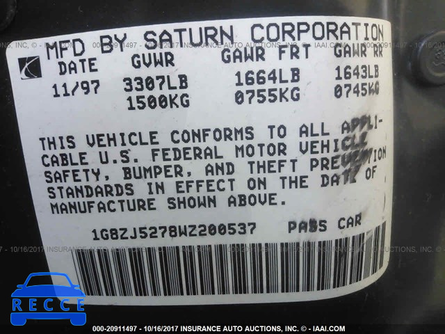 1998 Saturn SL2 1G8ZJ5278WZ200537 image 8