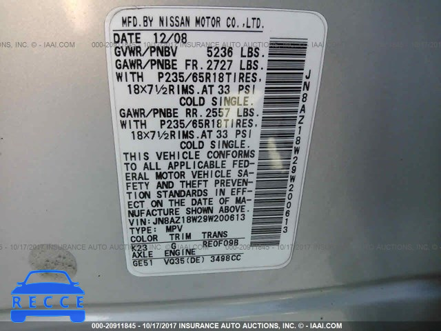 2009 Nissan Murano S/SL/LE JN8AZ18W29W200613 зображення 8