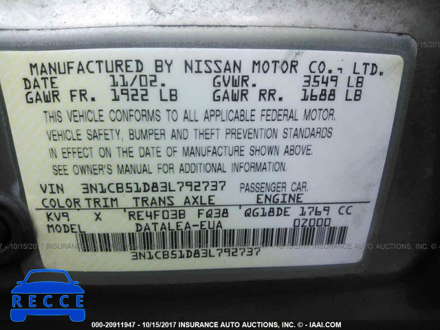 2003 NISSAN SENTRA 3N1CB51D83L792737 image 8