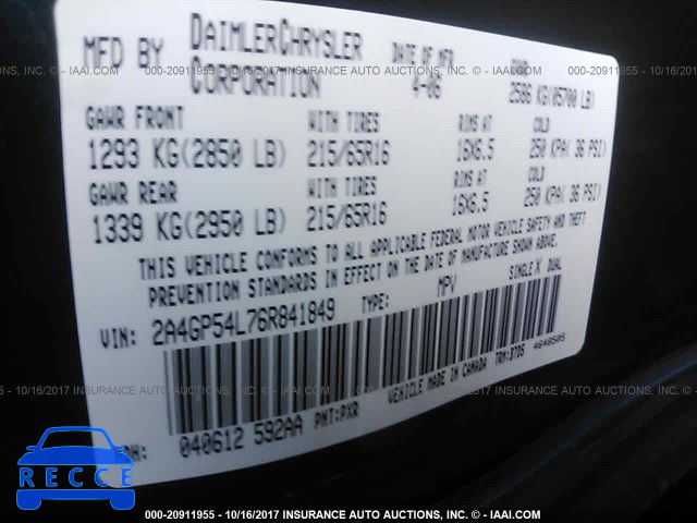 2006 Chrysler Town and Country 2A4GP54L76R841849 image 8