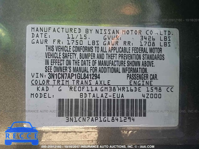 2016 Nissan Versa 3N1CN7AP1GL841294 image 8