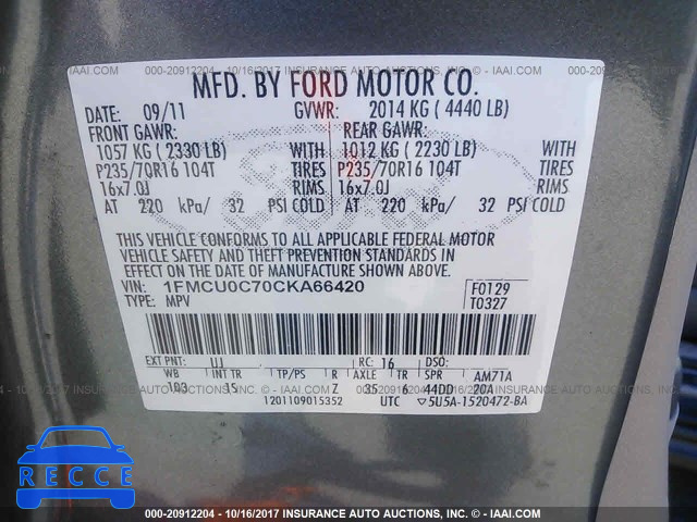 2012 Ford Escape 1FMCU0C70CKA66420 зображення 8