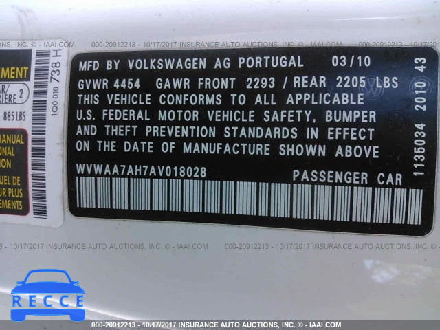 2010 VOLKSWAGEN EOS WVWAA7AH7AV018028 image 8