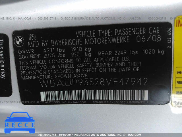 2008 BMW 128 I WBAUP93528VF47942 image 8