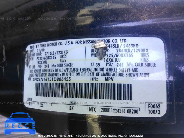 2001 NISSAN QUEST 4N2ZN16T51D806455 Bild 8