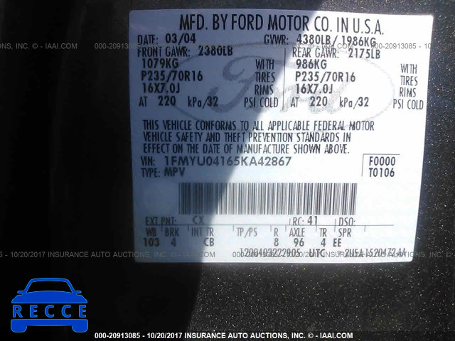 2005 Ford Escape 1FMYU04165KA42867 image 8