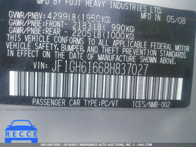 2008 Subaru Impreza 2.5I JF1GH61668H837027 зображення 8