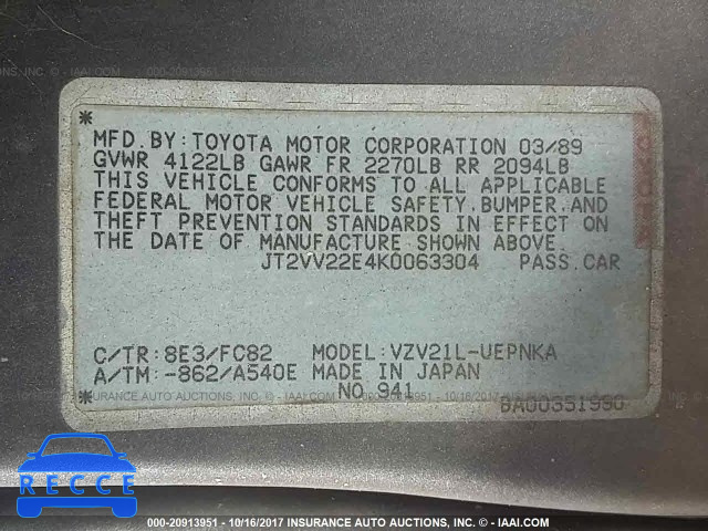 1989 Toyota Camry LE JT2VV22E4K0063304 image 8