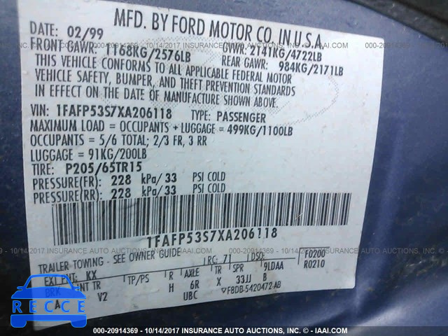 1999 FORD TAURUS 1FAFP53S7XA206118 зображення 8